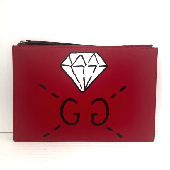 Auth GUCCI GucciGhost 445597 Red Black White Leather - Clutch Bag - Picture 1 of 8